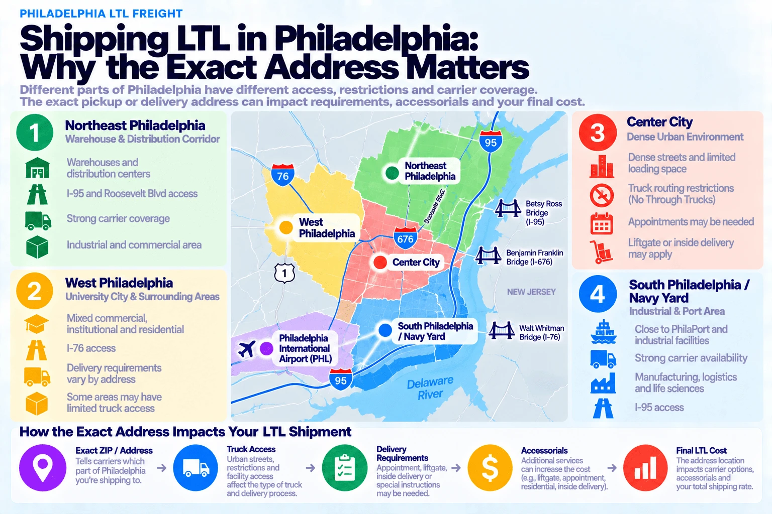 Shipping LTL in Philadelphia, why the exact address matters: Northeast Philadelphia (warehouse and distribution corridor) has warehouses and distribution centers, I-95 and Roosevelt Blvd access, strong carrier coverage, and an industrial and commercial area; West Philadelphia (University City and surrounding areas) has mixed commercial, institutional, and residential land use, I-76 access, delivery requirements that vary by address, and some areas with limited truck access; Center City (dense urban environment) has dense streets and limited loading space, truck routing restrictions including a No Through Trucks network, appointments that may be needed, and liftgate or inside delivery that may apply; and South Philadelphia/Navy Yard (industrial and port area) is close to PhilaPort and industrial facilities, has strong carrier availability, manufacturing, logistics, and life sciences activity, and I-95 access. The exact ZIP code and address tells carriers which part of Philadelphia you're shipping to, affecting truck access, delivery requirements, accessorials, and your final LTL cost.
