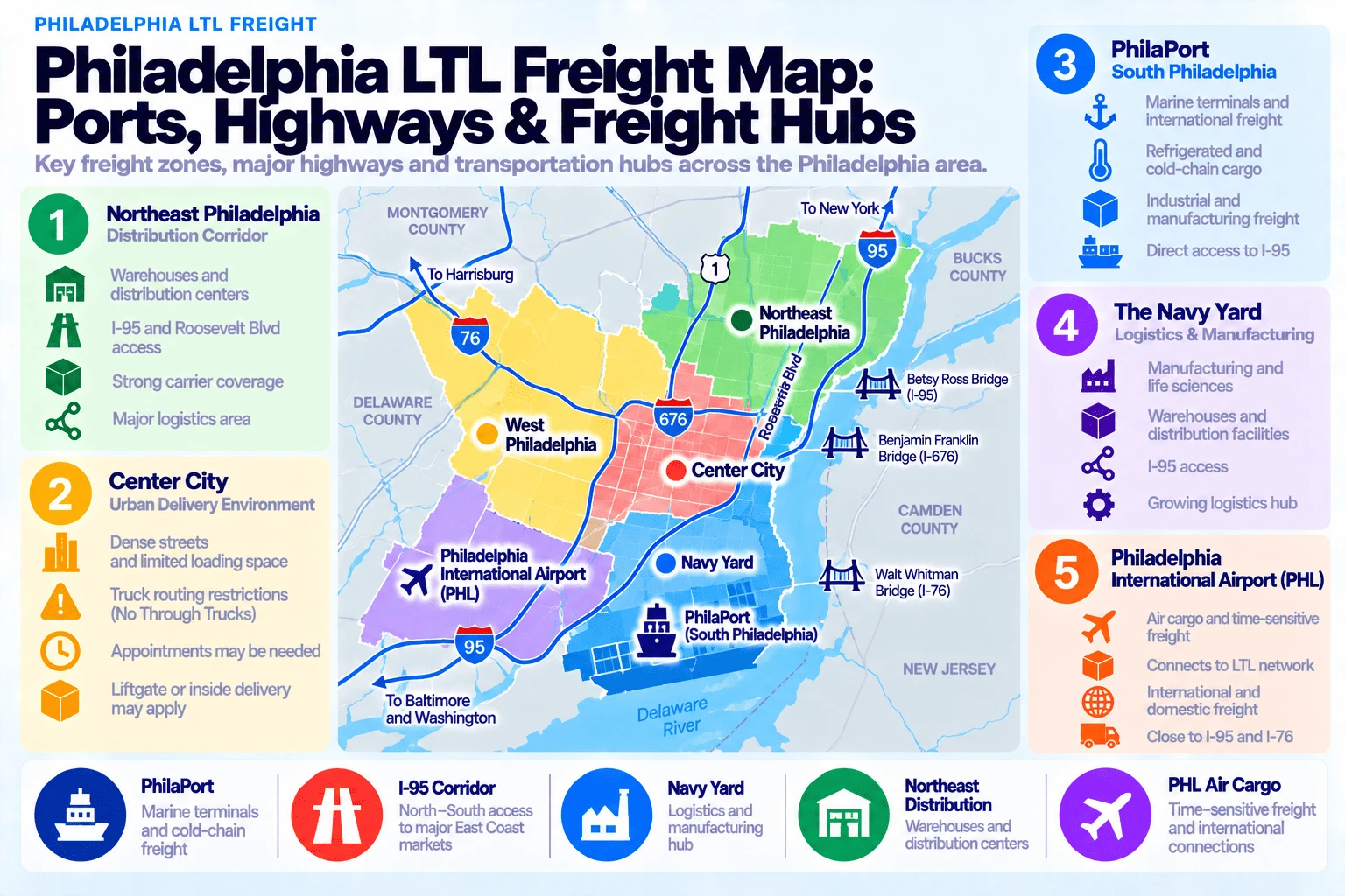 Philadelphia LTL freight map showing ports, highways, and freight hubs: Northeast Philadelphia (distribution corridor) with warehouses and distribution centers and I-95/Roosevelt Blvd access; Center City (urban delivery environment) with dense streets, limited loading space, and truck routing restrictions; PhilaPort (South Philadelphia) with marine terminals, international freight, refrigerated and cold-chain cargo, and direct I-95 access; the Navy Yard with logistics and manufacturing, warehouses and distribution facilities, and a growing logistics hub; and Philadelphia International Airport (PHL) with air cargo, time-sensitive freight, and international and domestic connections. Major crossings: Betsy Ross Bridge (I-95), Benjamin Franklin Bridge (I-676), and Walt Whitman Bridge (I-76) carry freight across the Delaware River into South Jersey.