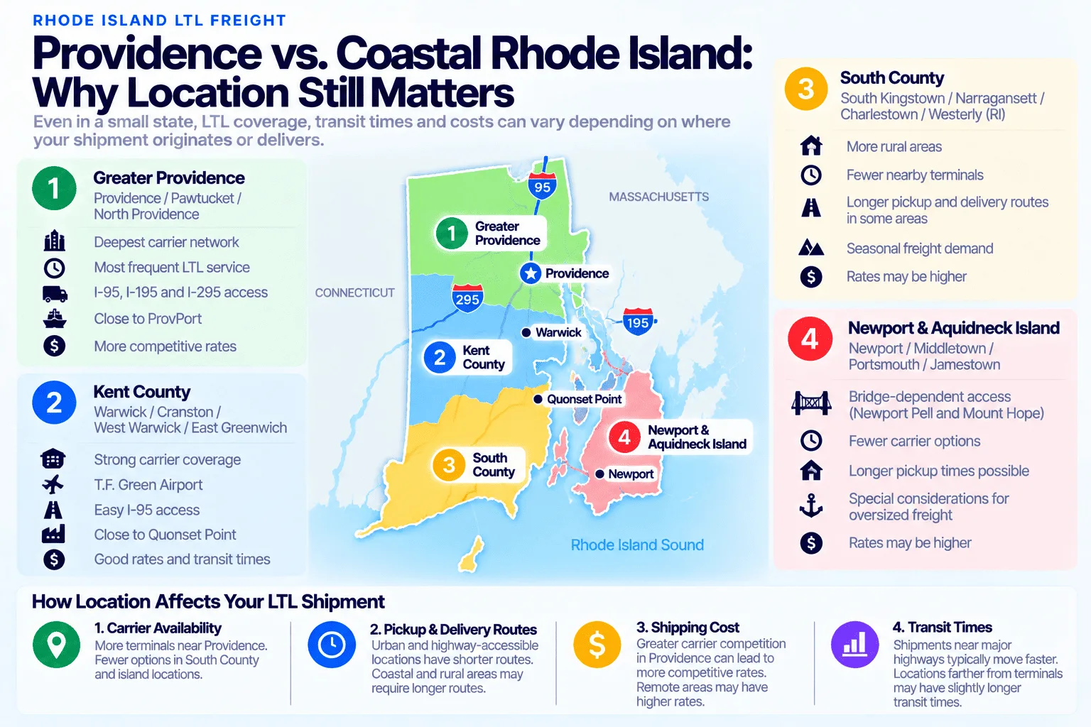 Providence vs. coastal Rhode Island LTL shipping comparison: Greater Providence (Providence/Pawtucket/North Providence) has the deepest carrier network, most frequent LTL service, I-95/I-195/I-295 access, proximity to ProvPort, and more competitive rates; Kent County (Warwick/Cranston/West Warwick/East Greenwich) has strong carrier coverage, T.F. Green Airport, easy I-95 access, and proximity to Quonset Point; South County (South Kingstown/Narragansett/Charlestown/Westerly) has more rural areas, fewer nearby terminals, longer pickup and delivery routes in some areas, seasonal freight demand, and rates that may be higher; and Newport & Aquidneck Island (Newport/Middletown/Portsmouth/Jamestown) has bridge-dependent access via the Newport Pell and Mount Hope bridges, fewer carrier options, longer pickup times, special considerations for oversized freight, and rates that may be higher.