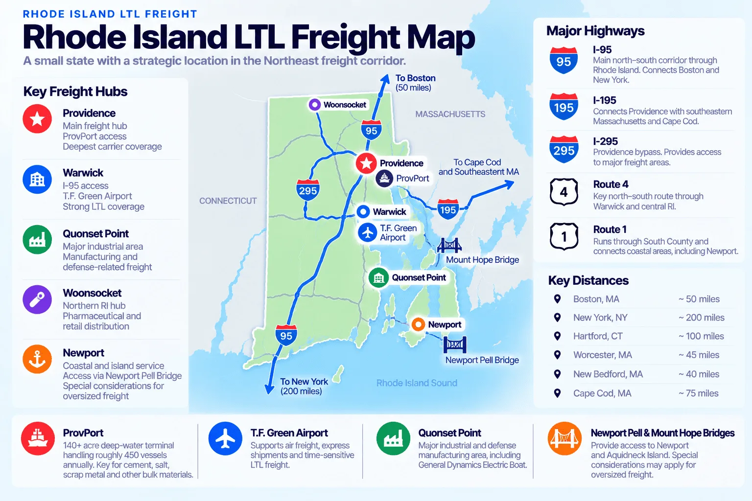 Rhode Island LTL freight map showing key freight hubs Providence (main freight hub with ProvPort access and the deepest carrier coverage), Warwick (I-95 access and T.F. Green Airport), Quonset Point (major industrial area for manufacturing and defense-related freight), Woonsocket (northern RI hub for pharmaceutical and retail distribution), and Newport (coastal and island service accessible via the Newport Pell Bridge, with special considerations for oversized freight). Major highways: I-95 is the main north-south corridor connecting Boston and New York; I-195 connects Providence with southeastern Massachusetts and Cape Cod; I-295 is the Providence bypass; Route 4 runs north-south through Warwick and central RI; Route 1 runs through South County and connects coastal areas including Newport. Key distances: Boston ~50 miles, New York ~200 miles, Hartford ~100 miles, Worcester ~45 miles, New Bedford ~40 miles, Cape Cod ~75 miles.