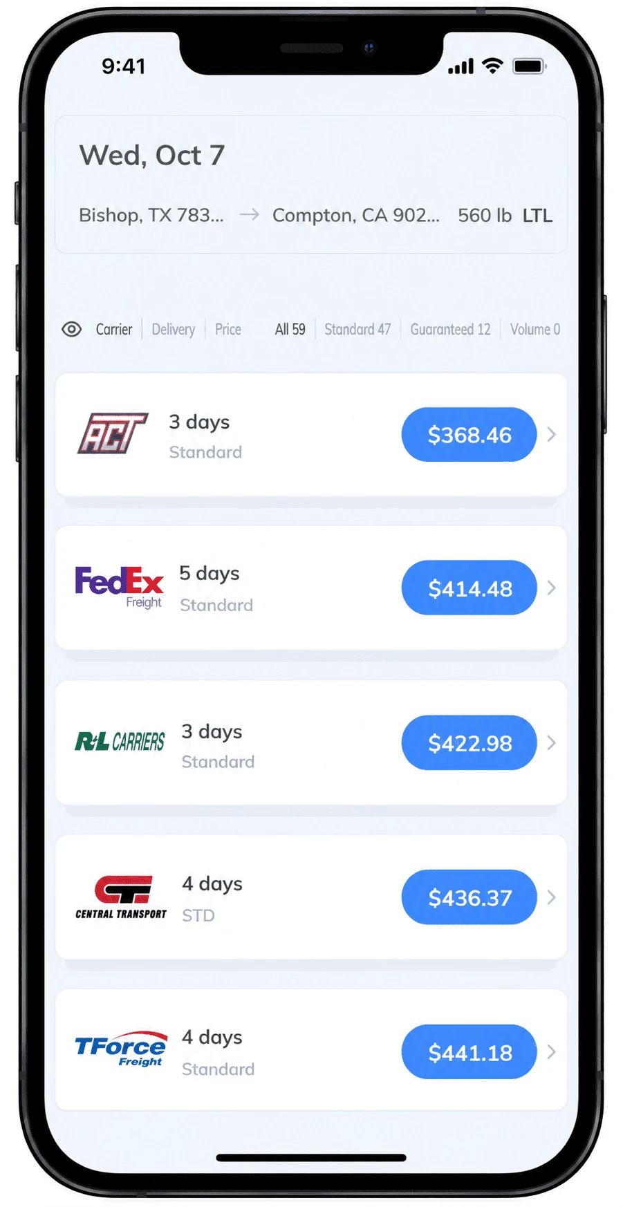 Real Transportli quote results for a 560 lb LTL shipment from Bishop, TX to Compton, CA, showing AAA Cooper Transportation at $368.46 (3 days), FedEx Freight at $414.48 (5 days), R+L Carriers at $422.98 (3 days), Central Transport at $436.37 (4 days), and TForce Freight at $441.18 (4 days), out of 59 total carrier options.