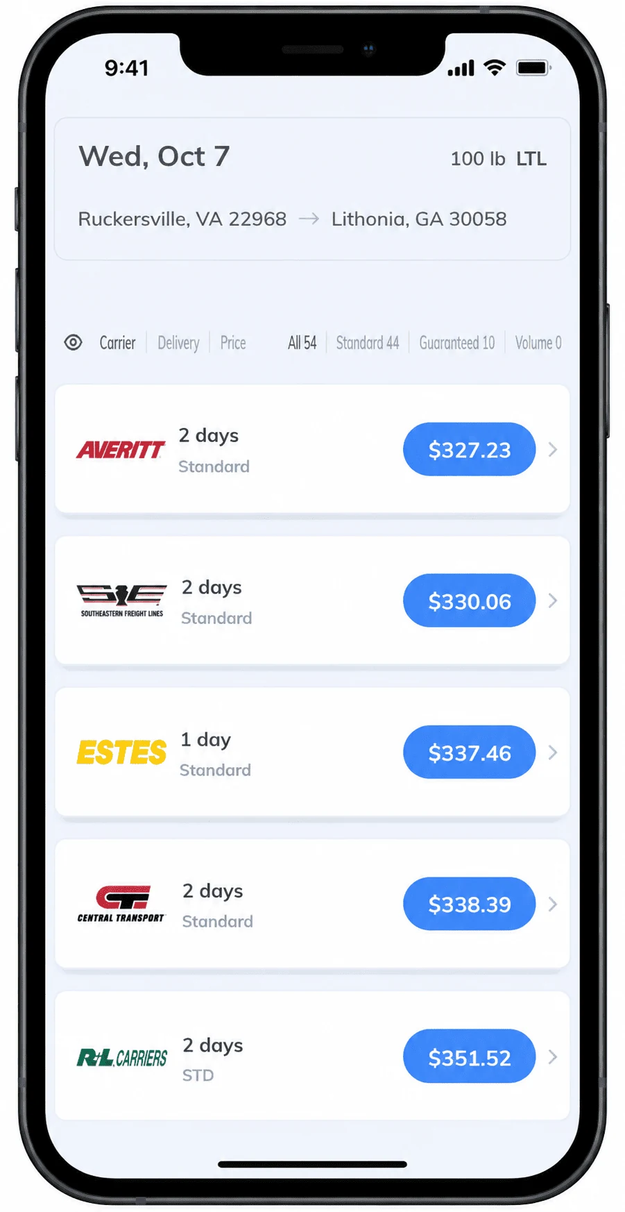 Real Transportli quote results for a 100 lb LTL shipment from Ruckersville, VA to Lithonia, GA, showing Averitt at $327.23 (2 days), Southeastern Freight Lines at $330.06 (2 days), Estes at $337.46 (1 day), Central Transport at $338.39 (2 days), and R+L Carriers at $351.52 (2 days), out of 54 total carrier options.