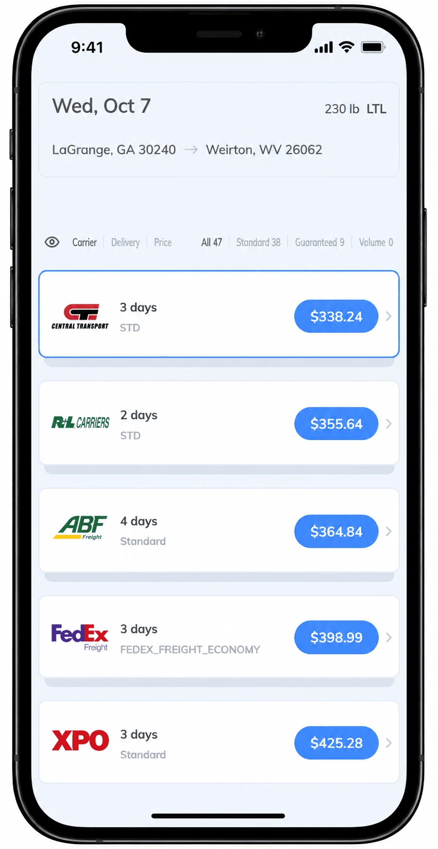 Real Transportli quote results for a 230 lb LTL shipment from LaGrange, GA to Weirton, WV, showing Central Transport at $338.24 (3 days), R+L Carriers at $355.64 (2 days), ABF Freight at $364.84 (4 days), FedEx Freight Economy at $398.99 (3 days), and XPO at $425.28 (3 days), out of 47 total carrier options.