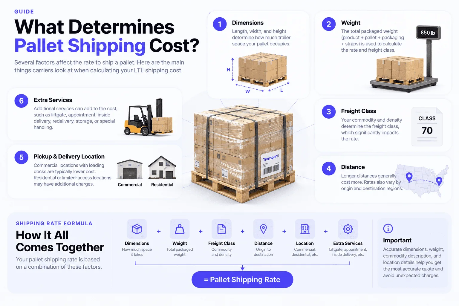 What determines pallet shipping cost: dimensions, weight, freight class, distance, pickup and delivery location, and extra services like liftgate or inside delivery