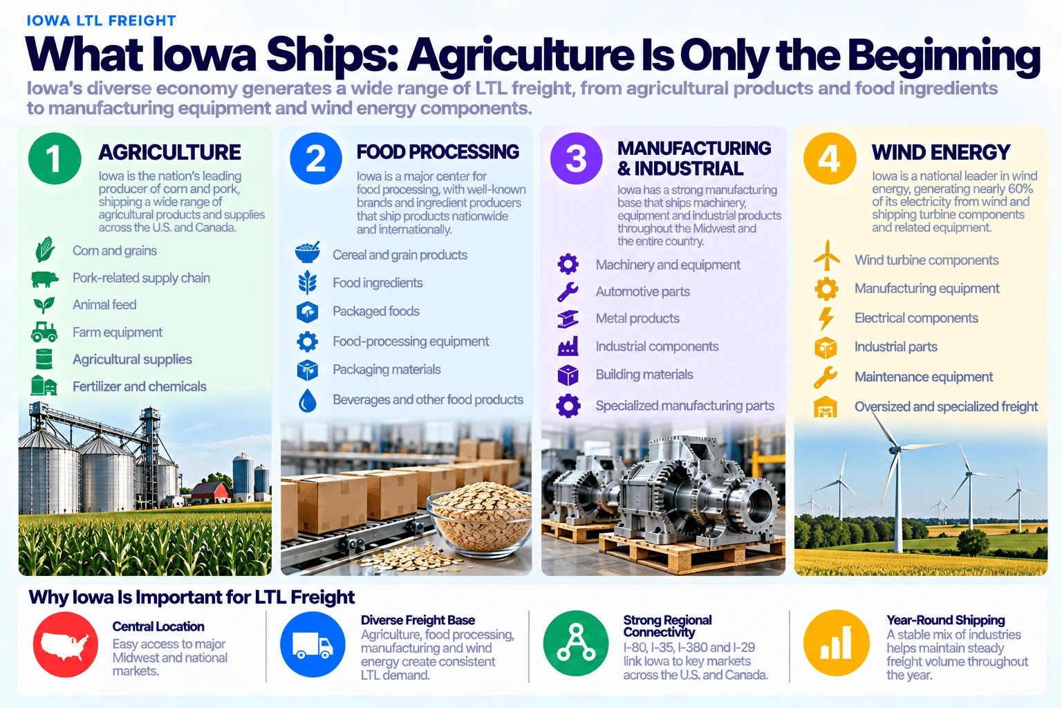 What Iowa ships by LTL, agriculture is only the beginning: agriculture (corn and grains, pork-related supply chain, animal feed, farm equipment, agricultural supplies, fertilizer and chemicals) as the nation's leading producer of corn and pork; food processing (cereal and grain products, food ingredients, packaged foods, food-processing equipment, packaging materials, beverages and other food products) with well-known brands shipping nationwide; manufacturing and industrial (machinery and equipment, automotive parts, metal products, industrial components, building materials, specialized manufacturing parts) throughout the Midwest and the entire country; and wind energy (wind turbine components, manufacturing equipment, electrical components, industrial parts, maintenance equipment, oversized and specialized freight) as a national leader generating nearly 60% of its electricity from wind. Why Iowa is important for LTL freight: central location with easy access to major Midwest and national markets, a diverse freight base across agriculture, food processing, manufacturing, and wind energy, strong regional connectivity via I-80, I-35, I-380, and I-29 linking Iowa to key markets across the US and Canada, and year-round shipping from a stable mix of industries.