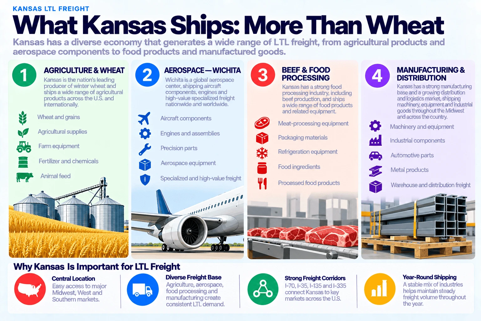 What Kansas ships by LTL, more than wheat: agriculture and wheat (wheat and grains, agricultural supplies, farm equipment, fertilizer and chemicals, animal feed) as the nation's leading producer of winter wheat, shipping across the US and internationally; aerospace in Wichita (aircraft components, engines and assemblies, precision parts, aerospace equipment, specialized and high-value freight) as a global aerospace center shipping nationwide and worldwide; beef and food processing (meat-processing equipment, packaging materials, refrigeration equipment, food ingredients, processed food products) with a strong food processing industry including beef production; and manufacturing and distribution (machinery and equipment, industrial components, automotive parts, metal products, warehouse and distribution freight) with a growing logistics market shipping across the Midwest and the country. Why Kansas is important for LTL freight: central location with easy access to major Midwest, West, and Southern markets, a diverse freight base across agriculture, aerospace, food processing, and manufacturing, strong freight corridors via I-70, I-35, I-135, and I-335 connecting Kansas to key markets across the US, and year-round shipping from a stable mix of industries.