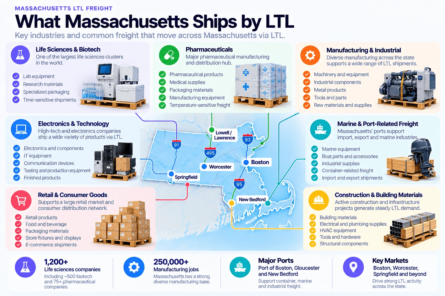 What Massachusetts ships by LTL: life sciences and biotech (lab equipment, research materials, specialized packaging, time-sensitive shipments), pharmaceuticals (medical supplies, packaging, manufacturing equipment, temperature-sensitive freight), manufacturing and industrial (machinery, industrial components, metal products, tools and parts), electronics and technology, marine and port-related freight through the Port of Boston, Gloucester, and New Bedford, retail and consumer goods, and construction and building materials. Massachusetts has over 1,200 life sciences companies including about 500 biotech firms and 75+ pharmaceutical companies, plus 250,000+ manufacturing jobs.