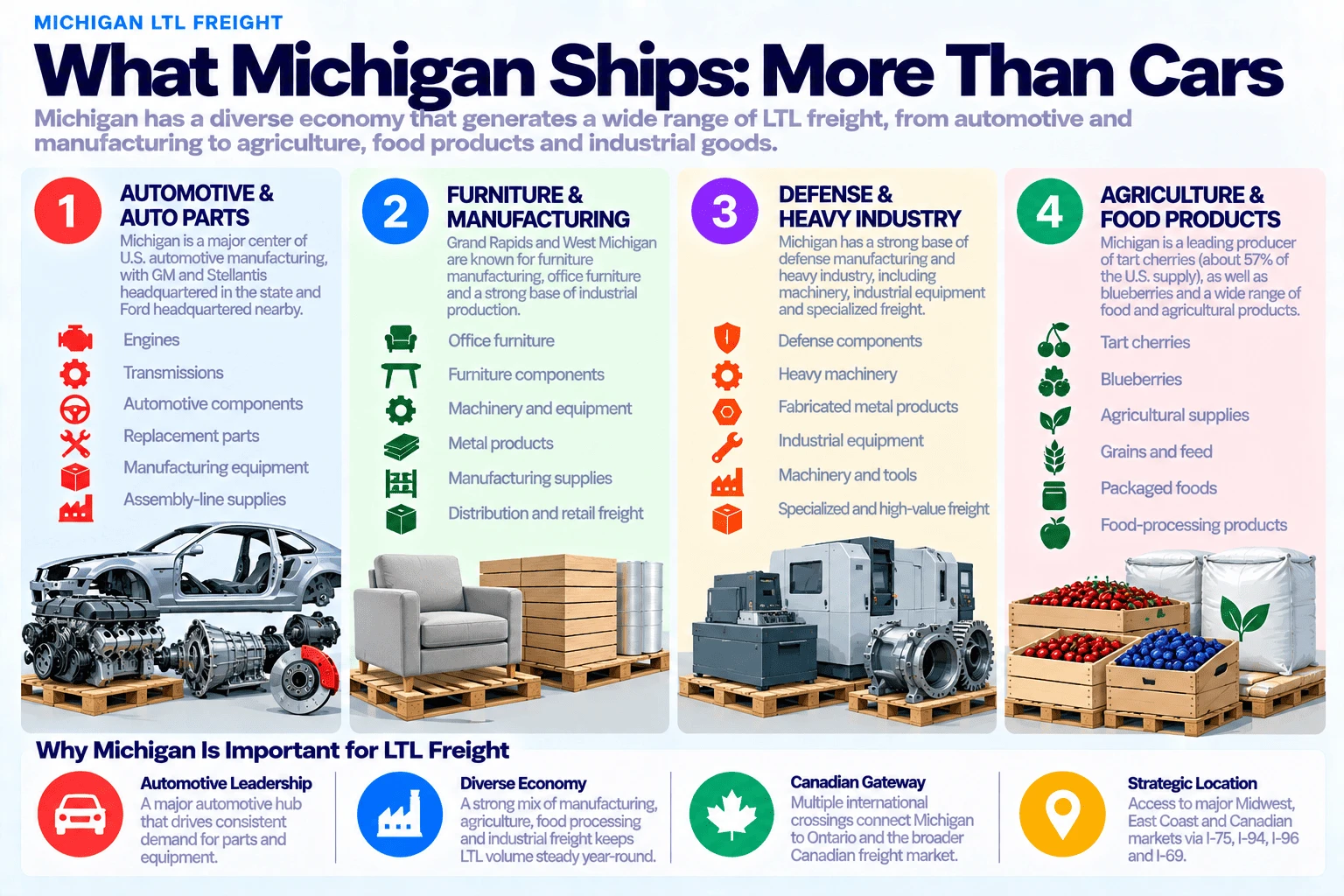 What Michigan ships by LTL, more than cars: automotive and auto parts (engines, transmissions, automotive components, replacement parts, manufacturing equipment, assembly-line supplies) as a major center of US automotive manufacturing with GM and Stellantis headquartered in the state and Ford headquartered nearby; furniture and manufacturing (office furniture, furniture components, machinery and equipment, metal products, manufacturing supplies, distribution and retail freight) with Grand Rapids and West Michigan known for furniture manufacturing and a strong industrial base; defense and heavy industry (defense components, heavy machinery, fabricated metal products, industrial equipment, machinery and tools, specialized and high-value freight) with a strong base of defense manufacturing; and agriculture and food products (tart cherries, about 57% of the US supply, blueberries, agricultural supplies, grains and feed, packaged foods, food-processing products) as a leading producer of tart cherries and blueberries. Why Michigan is important for LTL freight: automotive leadership driving consistent demand for parts and equipment, a diverse economy spanning manufacturing, agriculture, and food processing that keeps LTL volume steady year-round, a Canadian gateway with multiple international crossings connecting Michigan to Ontario and the broader Canadian freight market, and a strategic location with access to major Midwest, East Coast, and Canadian markets via I-75, I-94, I-96, and I-69.