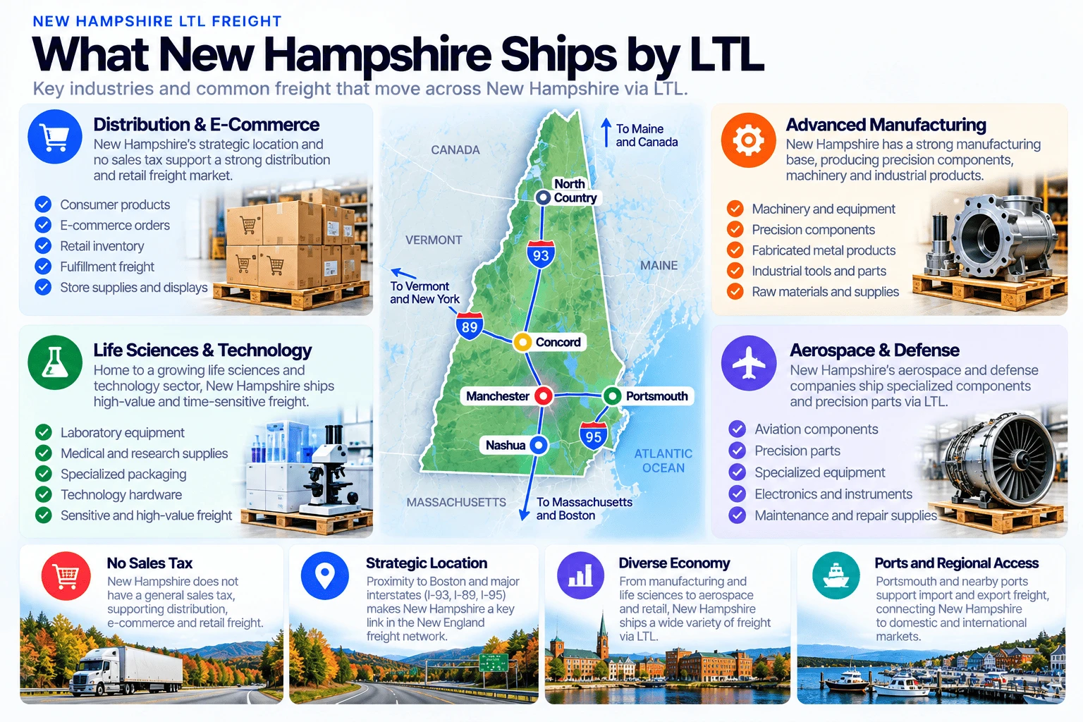 What New Hampshire ships by LTL: distribution and e-commerce (consumer products, e-commerce orders, retail inventory, fulfillment freight) supported by no sales tax; life sciences and technology (laboratory equipment, medical and research supplies, technology hardware); advanced manufacturing (machinery, precision components, fabricated metal products, industrial tools); and aerospace and defense (aviation components, precision parts, specialized equipment). New Hampshire has no general sales tax, strategic proximity to Boston via I-93, I-89, and I-95, and ports at Portsmouth supporting import and export freight.