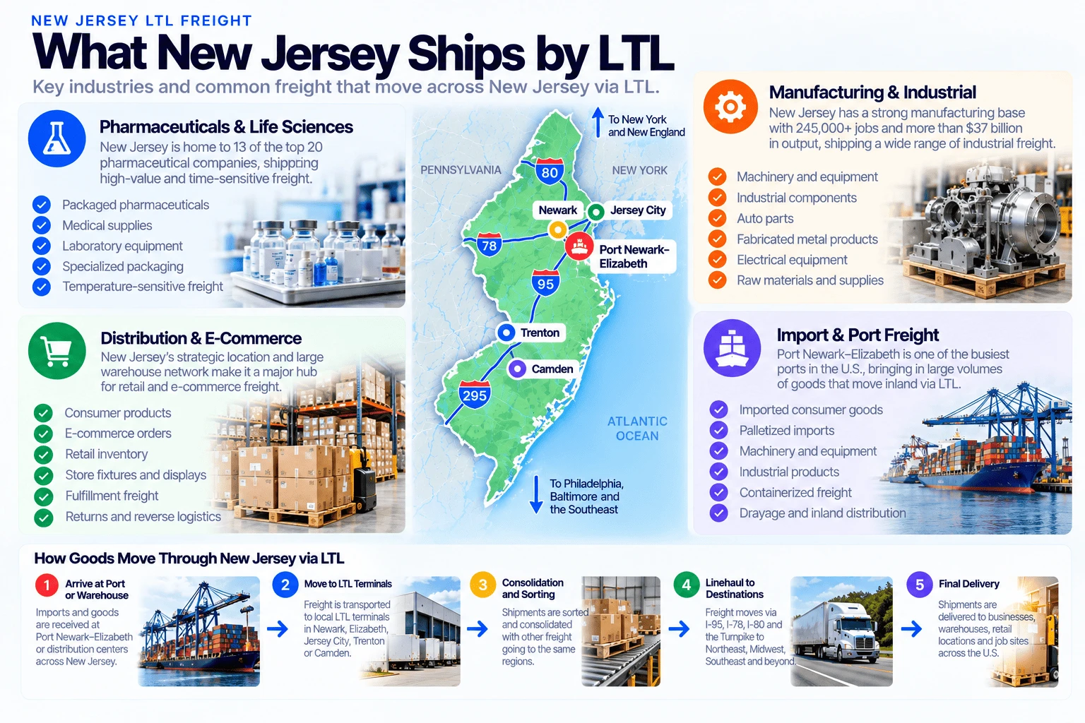 What New Jersey ships by LTL: pharmaceuticals and life sciences (packaged pharmaceuticals, medical supplies, laboratory equipment, specialized packaging, temperature-sensitive freight) — New Jersey is home to 13 of the top 20 pharmaceutical companies; distribution and e-commerce (consumer products, e-commerce orders, retail inventory, store fixtures, fulfillment freight, returns) driven by the state's large warehouse network; manufacturing and industrial (machinery, industrial components, auto parts, fabricated metal products, electrical equipment, raw materials) from a manufacturing base of 245,000+ jobs and $37 billion in output; and import and port freight (imported consumer goods, palletized imports, machinery, containerized freight, drayage) moving inland from Port Newark-Elizabeth, one of the busiest ports in the U.S. Goods typically move through New Jersey in five steps: arrive at a port or warehouse, transport to an LTL terminal in Newark, Elizabeth, Jersey City, Trenton, or Camden, consolidate and sort with other freight, linehaul via I-95, I-78, I-80, or the Turnpike, then final delivery.