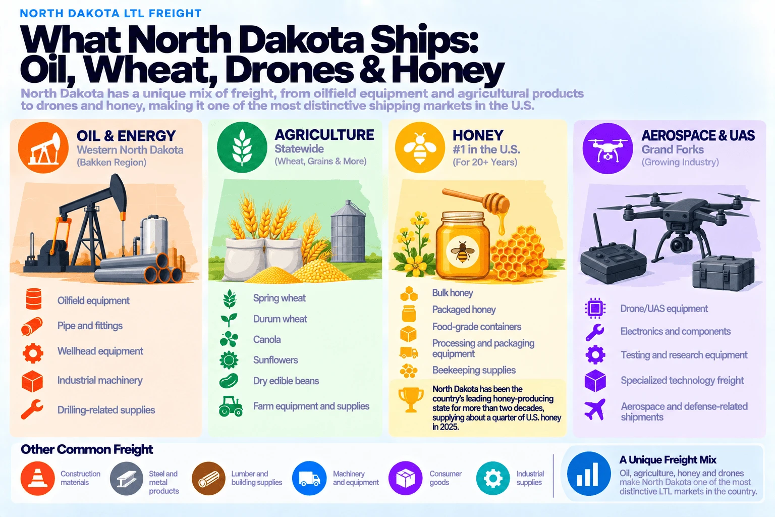 What North Dakota ships, oil, wheat, drones, and honey: oil and energy (western North Dakota, the Bakken region) including oilfield equipment, pipe and fittings, wellhead equipment, industrial machinery, and drilling-related supplies; agriculture (statewide, wheat, grains, and more) including spring wheat, durum wheat, canola, sunflowers, dry edible beans, and farm equipment and supplies; honey (#1 in the US for over 20 years) including bulk honey, packaged honey, food-grade containers, processing and packaging equipment, and beekeeping supplies, with North Dakota supplying about a quarter of all US honey in 2025; and aerospace and UAS (Grand Forks, a growing industry) including drone and UAS equipment, electronics and components, testing and research equipment, specialized technology freight, and aerospace and defense-related shipments. Other common freight includes construction materials, steel and metal products, lumber and building supplies, machinery and equipment, consumer goods, and industrial supplies.