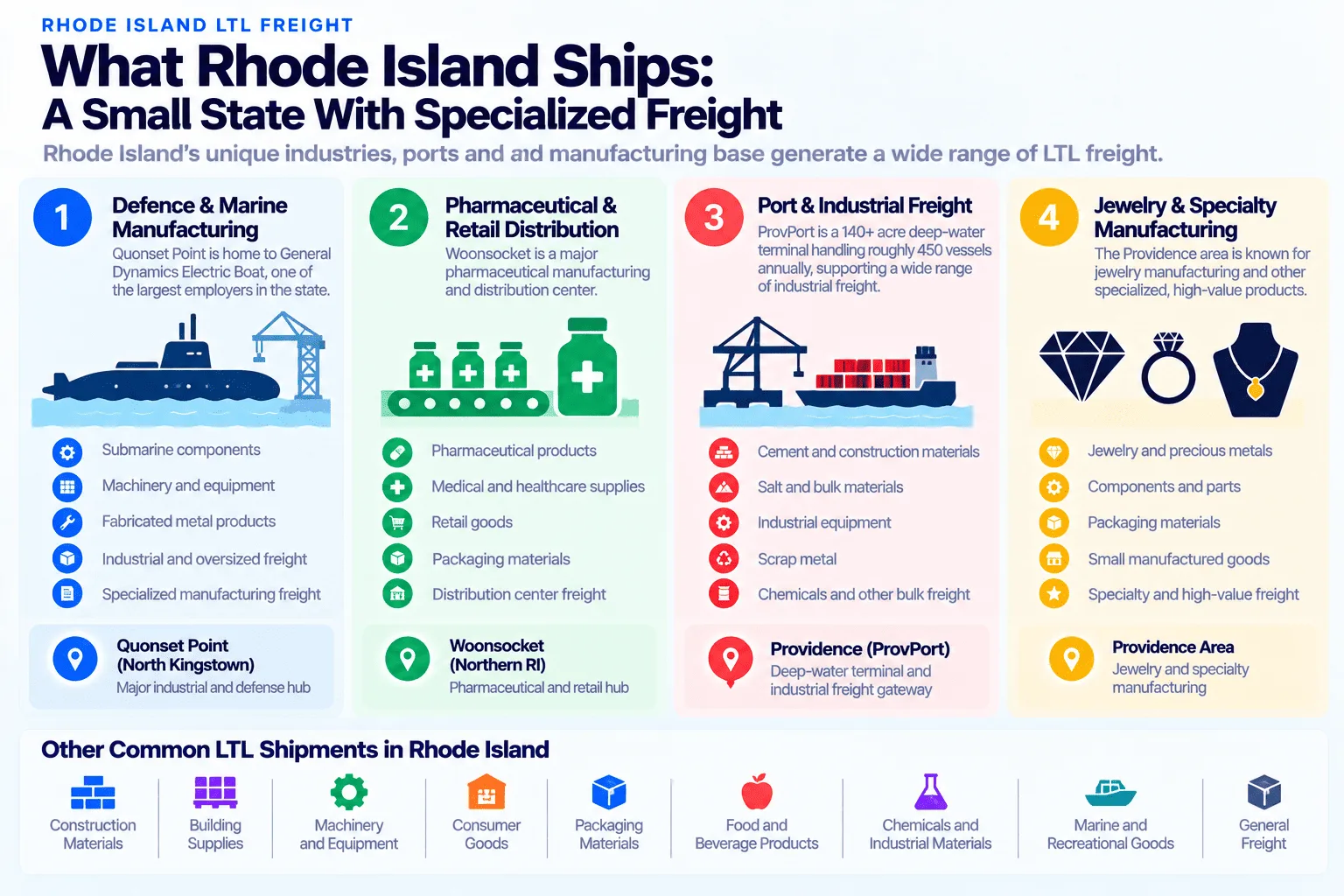 What Rhode Island ships by LTL: defense and marine manufacturing (submarine components, machinery and equipment, fabricated metal products, industrial and oversized freight, specialized manufacturing freight) centered on Quonset Point/North Kingstown, home to General Dynamics Electric Boat, one of the largest employers in the state; pharmaceutical and retail distribution (pharmaceutical products, medical and healthcare supplies, retail goods, packaging materials, distribution center freight) centered on Woonsocket; port and industrial freight (cement and construction materials, salt and bulk materials, industrial equipment, scrap metal, chemicals and other bulk freight) through ProvPort, a 140+ acre deep-water terminal handling roughly 450 vessels annually; and jewelry and specialty manufacturing (jewelry and precious metals, components and parts, packaging materials, small manufactured goods, specialty and high-value freight) centered on the Providence area. Other common LTL shipments include construction materials, building supplies, machinery and equipment, consumer goods, packaging materials, food and beverage products, chemicals and industrial materials, marine and recreational goods, and general freight.