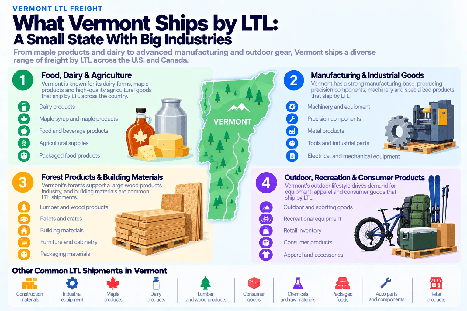 What Vermont ships by LTL: food, dairy and agriculture (dairy products, maple syrup and maple products, food and beverage products, agricultural supplies, packaged food products); manufacturing and industrial goods (machinery and equipment, precision components, metal products, tools and industrial parts, electrical and mechanical equipment); forest products and building materials (lumber and wood products, pallets and crates, building materials, furniture and cabinetry, packaging materials); and outdoor, recreation and consumer products (outdoor and sporting goods, recreational equipment, retail inventory, consumer products, apparel and accessories) driven by Vermont's outdoor lifestyle. Other common LTL shipments include construction materials, industrial equipment, maple products, dairy products, lumber and wood products, consumer goods, chemicals and raw materials, packaged foods, auto parts and components, and retail products.