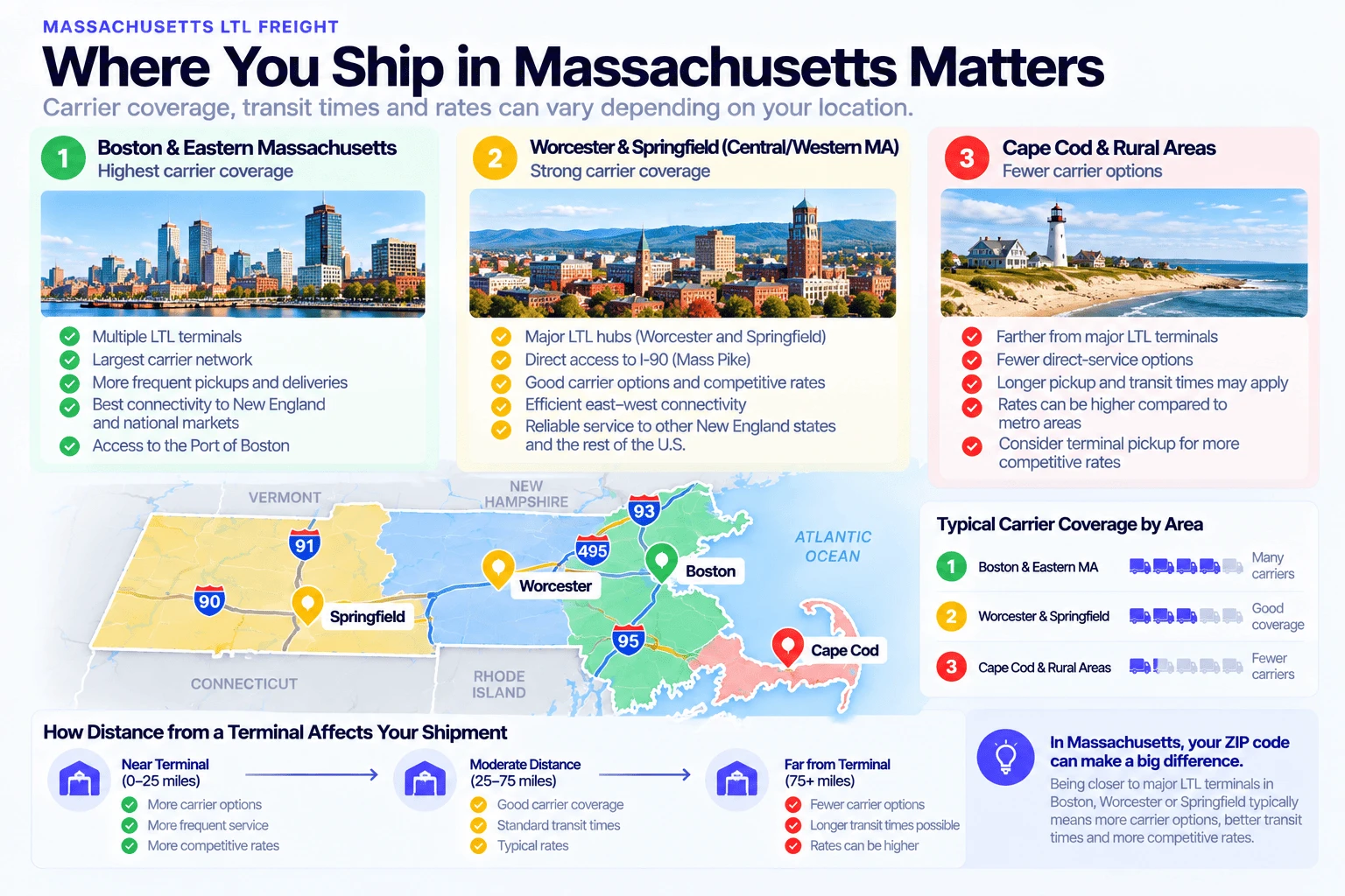 Where you ship in Massachusetts matters: Boston and Eastern Massachusetts have the highest carrier coverage with multiple LTL terminals and access to the Port of Boston; Worcester and Springfield in Central and Western Massachusetts have strong carrier coverage with direct access to I-90; Cape Cod and rural areas have fewer carrier options, longer transit times, and potentially higher rates. Shipments within 0-25 miles of a terminal see more carrier options and competitive rates; 25-75 miles see standard coverage; 75+ miles see fewer carriers and higher rates.