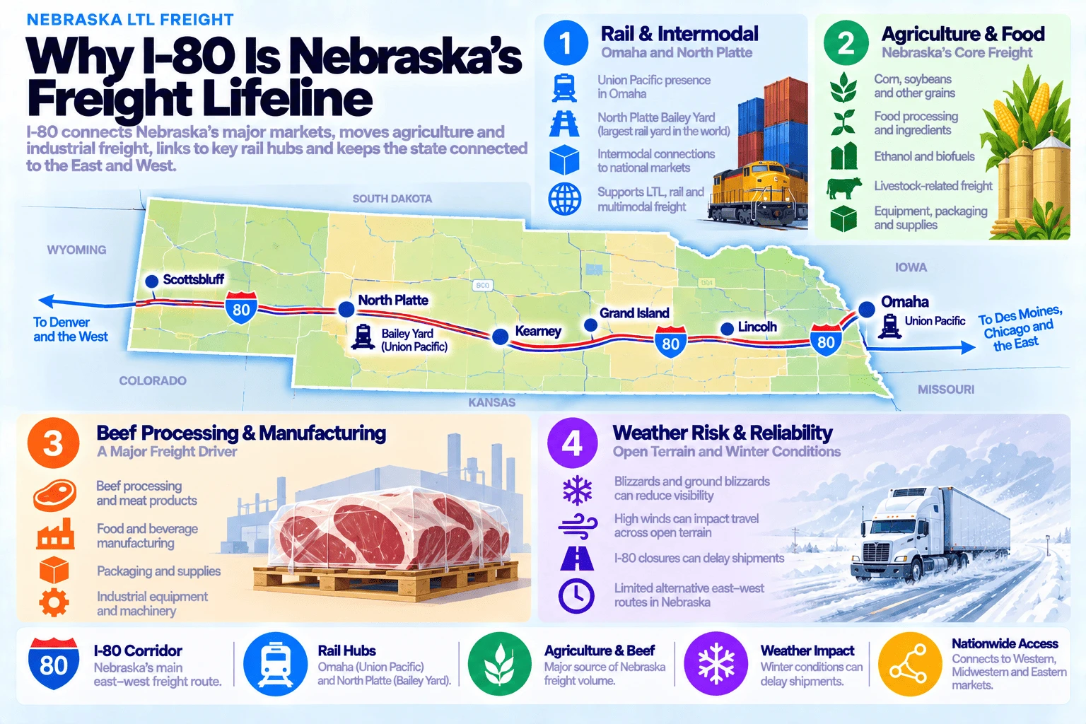 Why I-80 is Nebraska's freight lifeline: rail and intermodal (Omaha and North Platte) with Union Pacific's presence in Omaha, the North Platte Bailey Yard as the largest rail yard in the world, intermodal connections to national markets, and support for LTL, rail, and multimodal freight; agriculture and food (Nebraska's core freight) including corn, soybeans, and other grains, food processing and ingredients, ethanol and biofuels, livestock-related freight, and equipment, packaging, and supplies; beef processing and manufacturing (a major freight driver) including beef processing and meat products, food and beverage manufacturing, packaging and supplies, and industrial equipment and machinery; and weather risk and reliability (open terrain and winter conditions) where blizzards and ground blizzards can reduce visibility, high winds can impact travel across open terrain, I-80 closures can delay shipments, and there are limited alternative east-west routes in Nebraska.