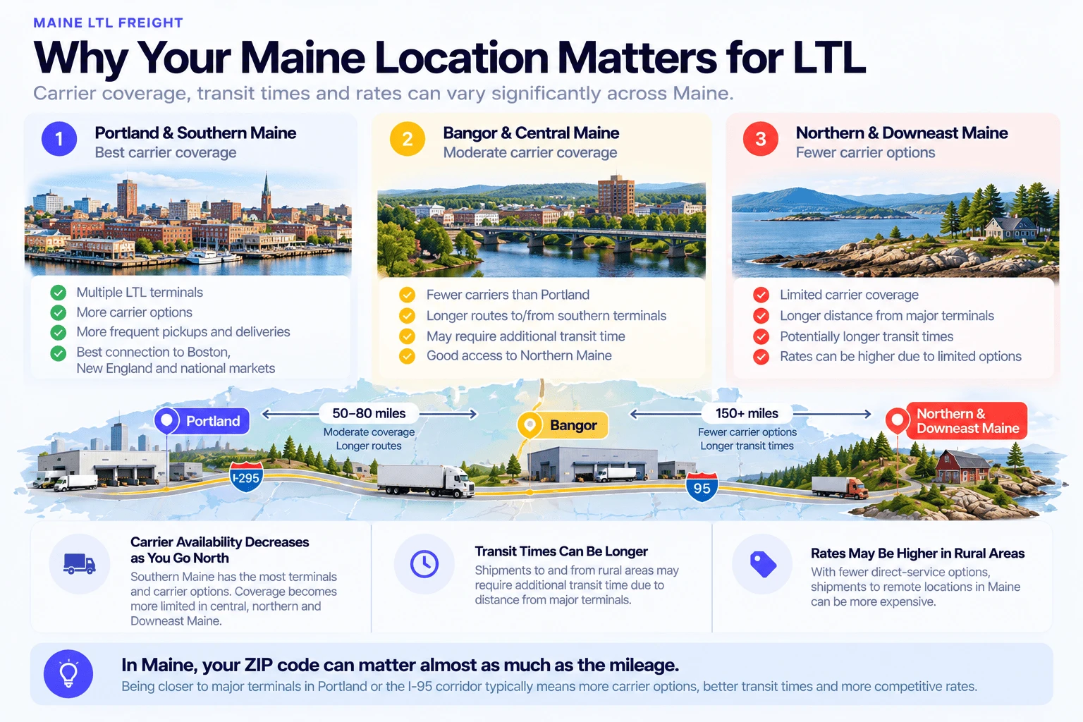 Why your Maine location matters for LTL: Portland and Southern Maine have the best carrier coverage with multiple LTL terminals and more frequent pickups; Bangor and Central Maine have moderate coverage with fewer carriers and longer routes; Northern and Downeast Maine have limited carrier coverage, longer distances from terminals, and potentially higher rates. Portland to Bangor is 50-80 miles with moderate coverage; Bangor to Northern and Downeast Maine is 150+ miles with fewer carrier options and longer transit times.