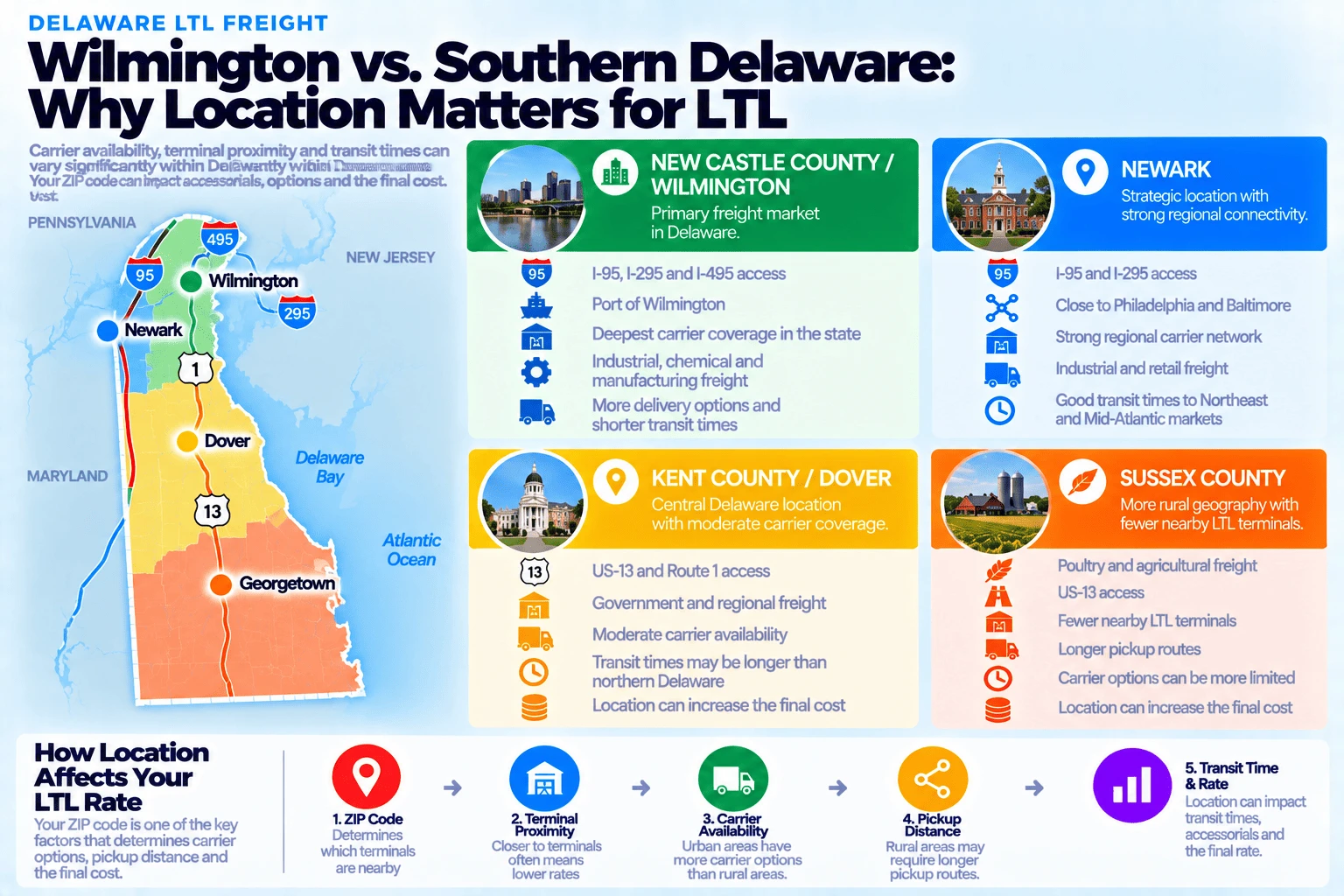 Wilmington vs Southern Delaware, why location matters for LTL: New Castle County and Wilmington is the primary freight market in Delaware, with I-95, I-295, and I-495 access, the Port of Wilmington, the deepest carrier coverage in the state, industrial, chemical, and manufacturing freight, and more delivery options with shorter transit times; Newark has a strategic location with strong regional connectivity, I-95 and I-295 access, is close to Philadelphia and Baltimore, has a strong regional carrier network, industrial and retail freight, and good transit times to Northeast and Mid-Atlantic markets; Kent County and Dover is a central Delaware location with moderate carrier coverage, US-13 and Route 1 access, government and regional freight, moderate carrier availability, and transit times that may be longer than northern Delaware; and Sussex County has more rural geography with fewer nearby LTL terminals, poultry and agricultural freight, US-13 access, longer pickup routes, carrier options that can be more limited, and a location that can increase the final cost. How location affects your LTL rate: your ZIP code is one of the key factors that determines carrier options, pickup distance, and the final cost; terminal proximity means closer to terminals often means lower rates; carrier availability means urban areas have more carrier options than rural areas; pickup distance means rural areas may require longer pickup routes; and transit time and rate means location can impact transit times, accessorials, and the final rate.