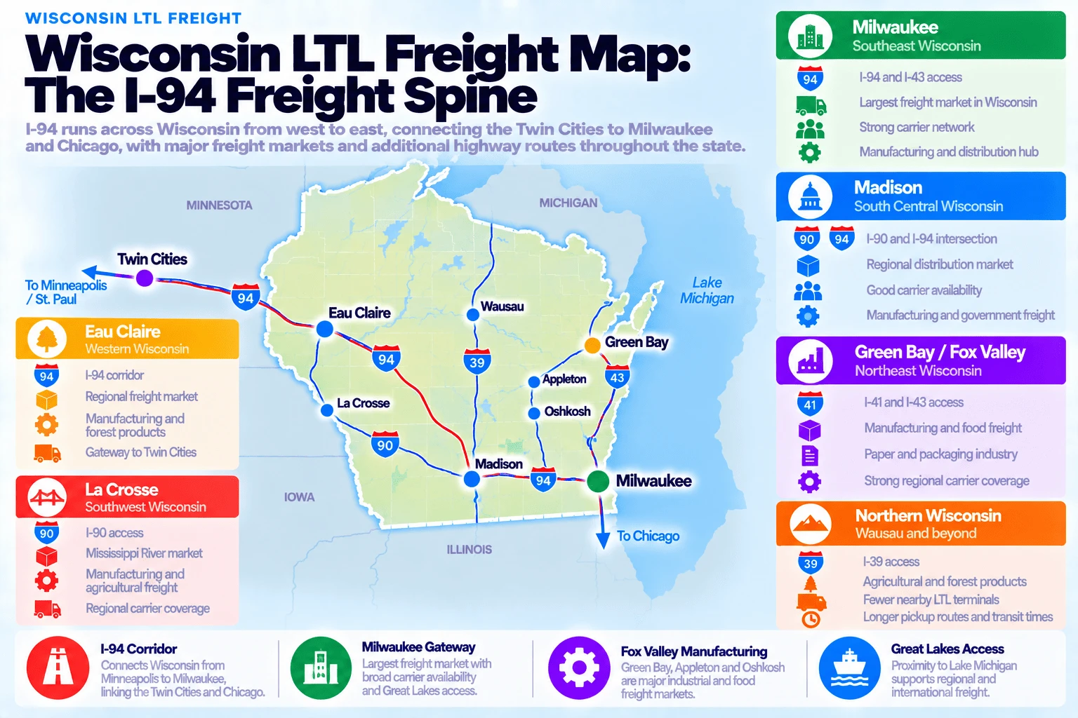Wisconsin LTL freight map, the I-94 freight spine: I-94 runs across Wisconsin from west to east, connecting the Twin Cities to Milwaukee and Chicago, with major freight markets and additional highway routes throughout the state. Milwaukee, Southeast Wisconsin, has I-94 and I-43 access, the largest freight market in Wisconsin, a strong carrier network, and a manufacturing and distribution hub. Madison, South Central Wisconsin, has the I-90 and I-94 intersection, a regional distribution market, good carrier availability, and manufacturing and government freight. Green Bay and the Fox Valley, Northeast Wisconsin, has I-41 and I-43 access, manufacturing and food freight, the paper and packaging industry, and strong regional carrier coverage. Eau Claire, Western Wisconsin, has the I-94 corridor, a regional freight market, manufacturing and forest products, and serves as a gateway to the Twin Cities. La Crosse, Southwest Wisconsin, has I-90 access, a Mississippi River market, manufacturing and agricultural freight, and regional carrier coverage. Northern Wisconsin, Wausau and beyond, has I-39 access, agricultural and forest products, fewer nearby LTL terminals, and longer pickup routes and transit times.
