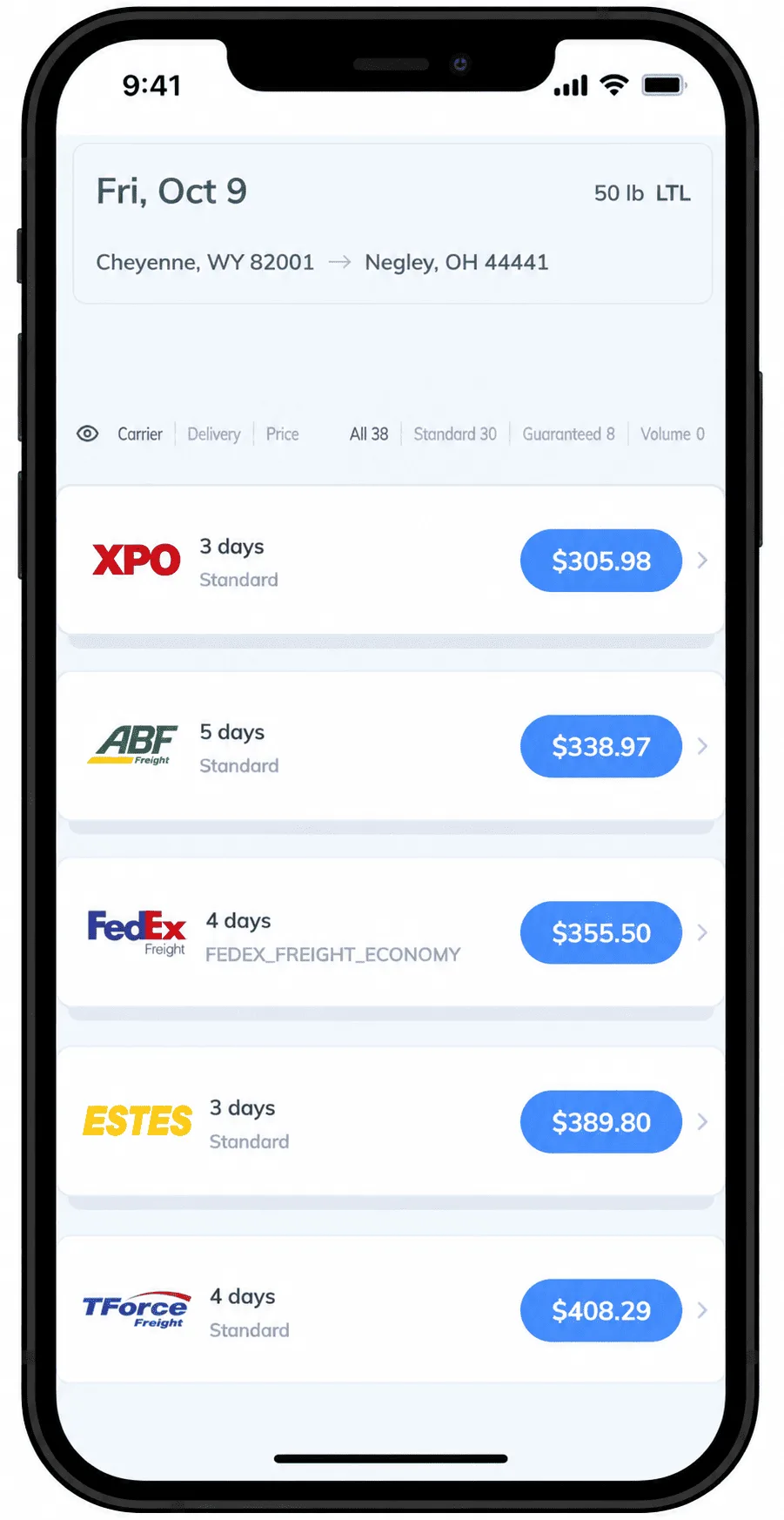 Real Transportli quote results for a 50 lb LTL shipment from Cheyenne, WY to Negley, OH, showing XPO at $305.98 (3 days), ABF Freight at $338.97 (5 days), FedEx Freight Economy at $355.50 (4 days), Estes at $389.80 (3 days), and TForce Freight at $408.29 (4 days), out of 38 total carrier options.
