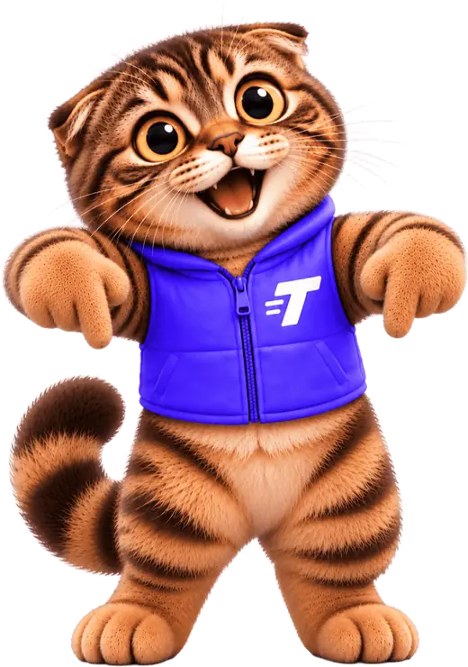 Transportli cat mascot pointing down at the delivery photos below